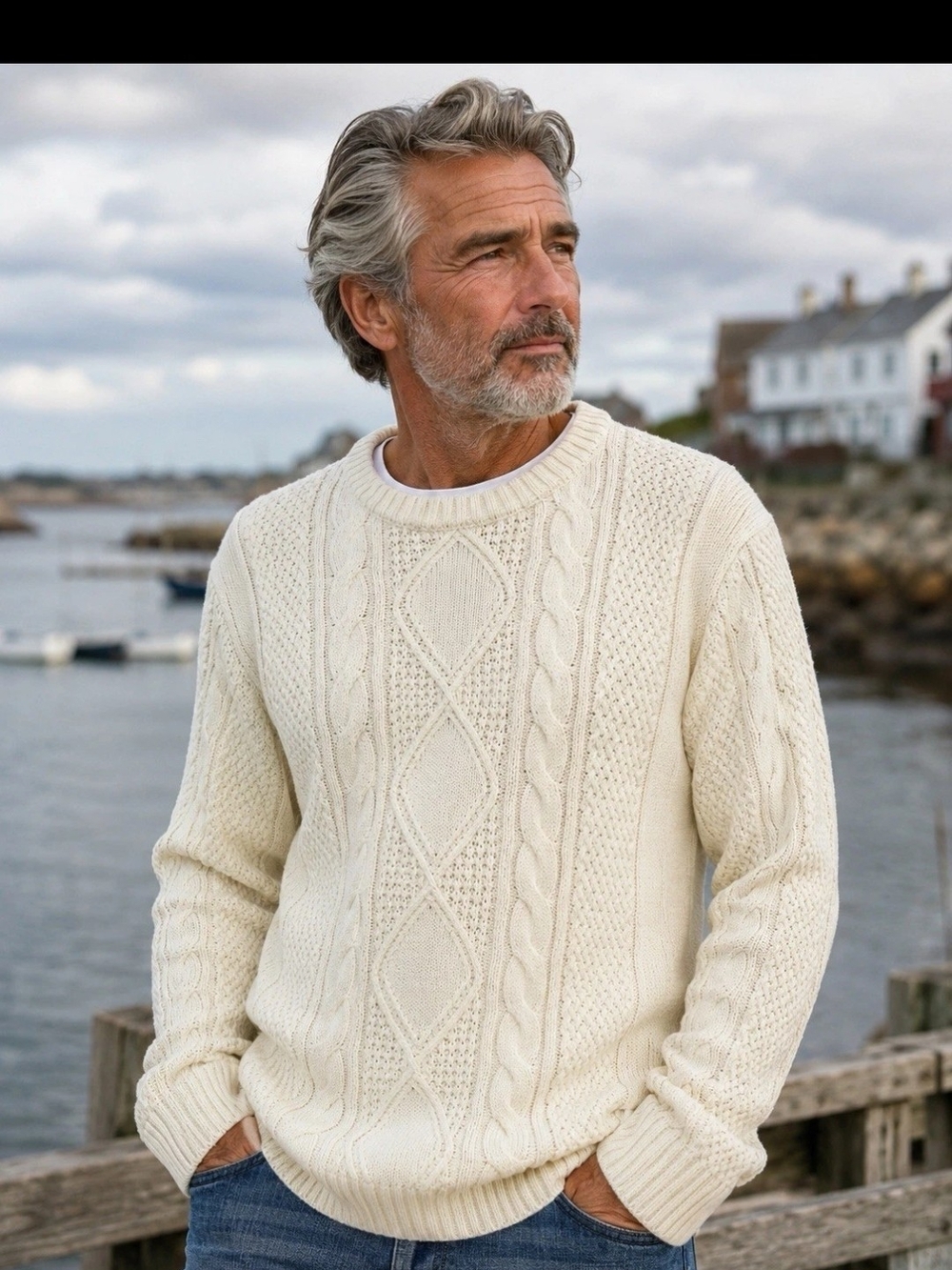 Sonoma Men Fisherman Ivory Cable-Knit Pullover Sweater Crew Neck Sz. L Coastal